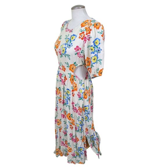 F&F Dress US Size 8 Ivory Colorful Floral Puff Sleeve Midi Waist Cut Out Summer - Picture 3 of 7
